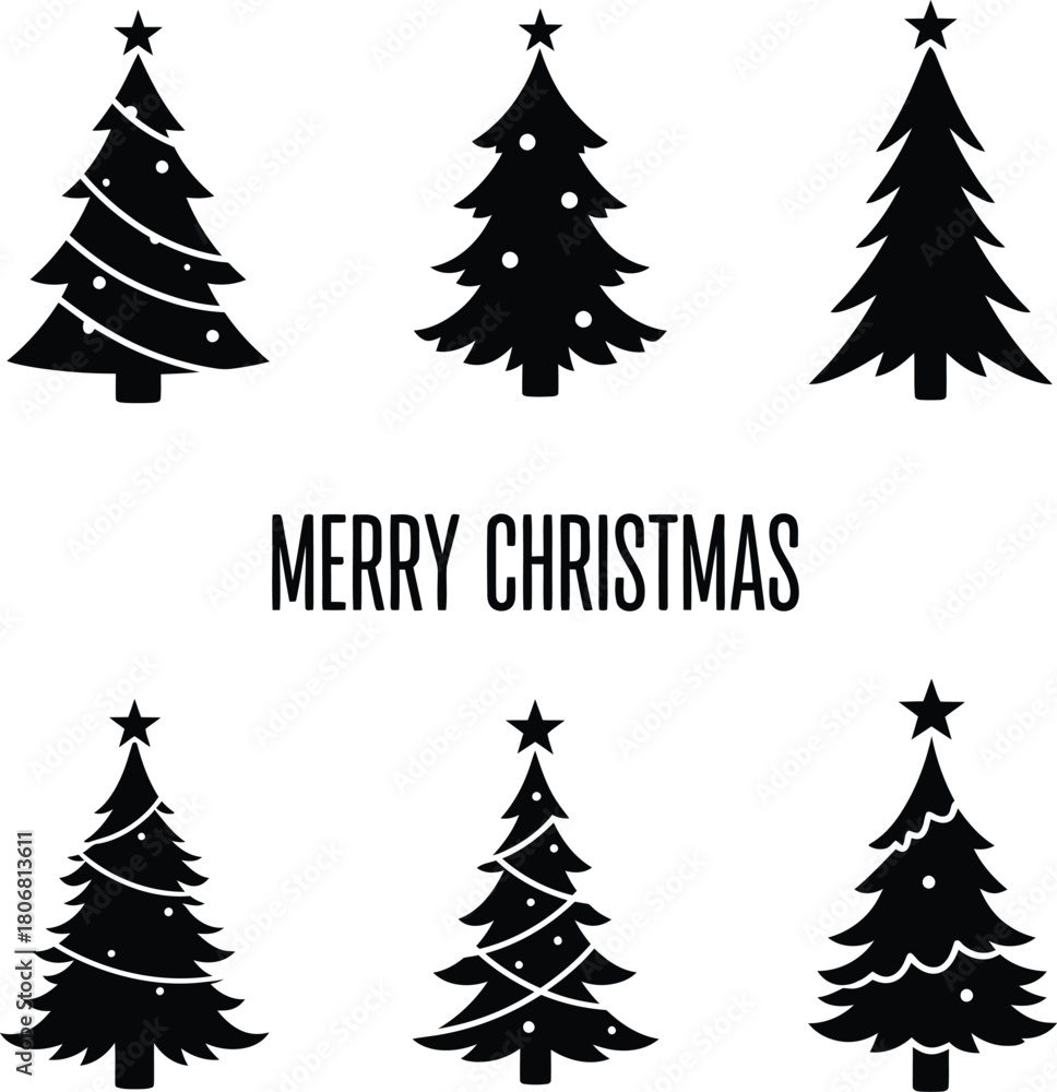 Obraz premium Set of six black Christmas tree silhouette icons with stars and ornaments, featuring a modern flat vector design for holiday greeting card backgrounds.