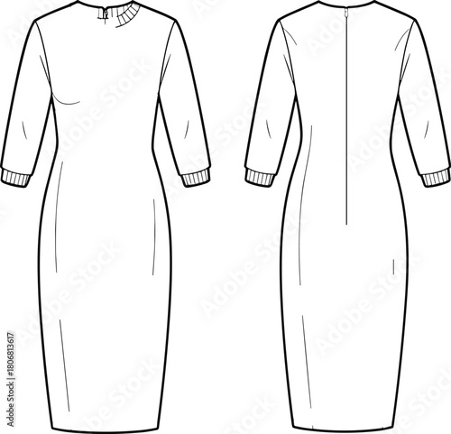Pencil dress fashion sketch, technical garment drawing, long sleeves, high neckline, apparel template, flat sketch, clothing design illustration