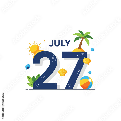 Summer Calendar Illustration: July 27th with Beach Elements for Creative Design, perfect for seasonal promotions and celebrations