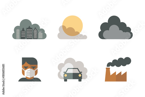 City pollution scenes, skyline under smog, sun behind haze, person mask, car emissions, industrial stack, atmosphere clouds