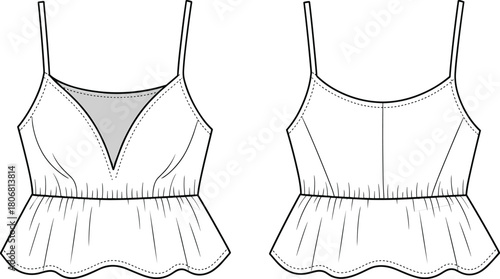 Peplum top fashion sketch, technical garment drawing, spaghetti straps, V-neckline, gathered waist, sewing pattern, apparel design, vector template