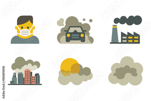 Smog and health icons, masked person, car in haze, factory plumes, clouds of soot, urban air quality