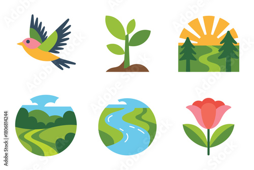 Nature conservation icons, flying bird, blooming flower, sunrise valley, round landscape globe, river path earth, green heart