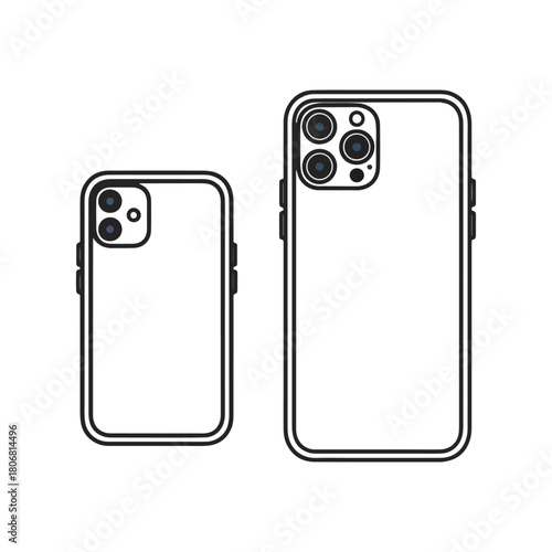Two smartphones, one smaller, one larger, featuring a camera array, outlined in black on white background.