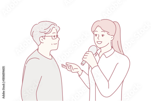 Female journalist with microphone interview elderly man in park. Woman with mic talk with old male on street. Vector illustration.