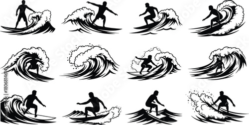 Dynamic surfer silhouette collection riding powerful ocean waves, extreme water sports action illustration set for summer beach design, surfing movement artwork themes
