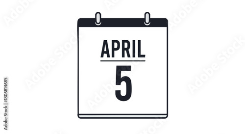 Simple vector calendar icon illustration showing date of april 5 for events and planning in black and white design