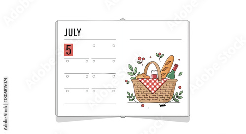 Illustrative picnic planning concept, calendar showing July 5th with a basket, wine and baguette suggesting outdoor gathering invitation idea