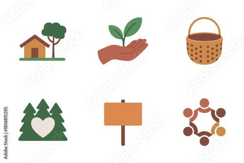 Sustainable living icons, cottage home, nurturing hand with sprout, foraging basket, forest heart symbol, wooden signboard, molecule network