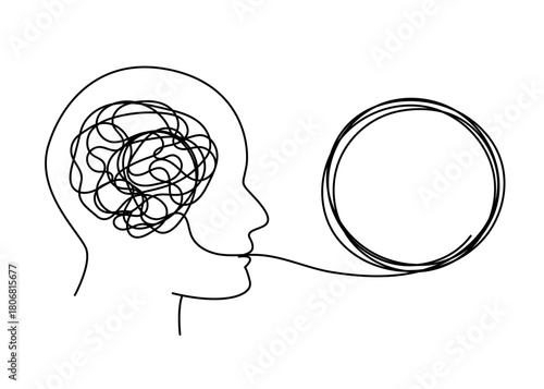 Continuous one line drawing illustrating a business concept of overcoming obstacles — a path leading through a confusing, tangled shape and emerging clearly on the other side.
