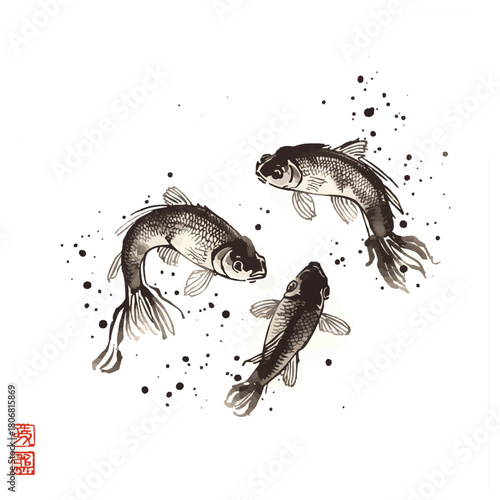 Little fishes hand drawn with ink on white glowing background. Traditional oriental ink painting sumi-e, u-sin, go-hua. Contains hieroglyph - double luck