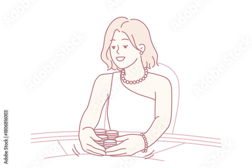 Woman sit on table in casino playing game for money. Smiling female in dress gambling in gaming house. Addiction and entertainment. Vector illustration.
