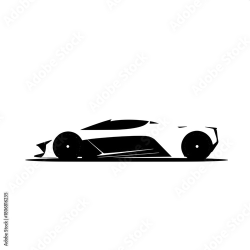 “Minimal vector art of a futuristic speed car, strong black silhouette with white contouring, placed centrally and angled toward the viewer’s left, simplified geometric wheels, faint ground shadow, sl