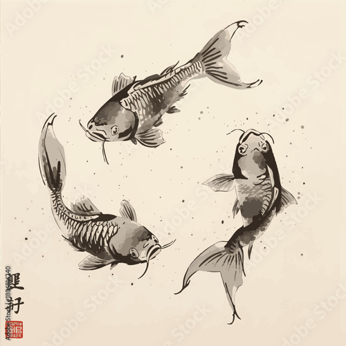 Little fishes hand drawn with ink on white glowing background. Traditional oriental ink painting sumi-e, u-sin, go-hua. Contains hieroglyph - double luck