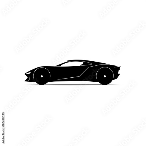 “Minimal vector art of a futuristic speed car, strong black silhouette with white contouring, placed centrally and angled toward the viewer’s left, simplified geometric wheels, faint ground shadow, sl