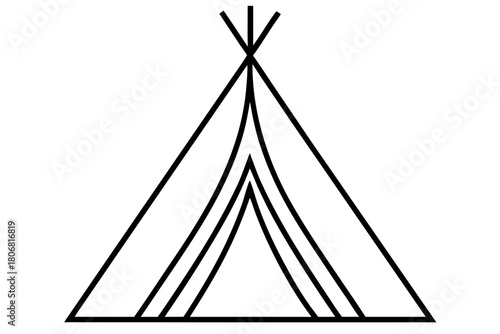 Camping tent black icon outline, camping teepee line art vector 