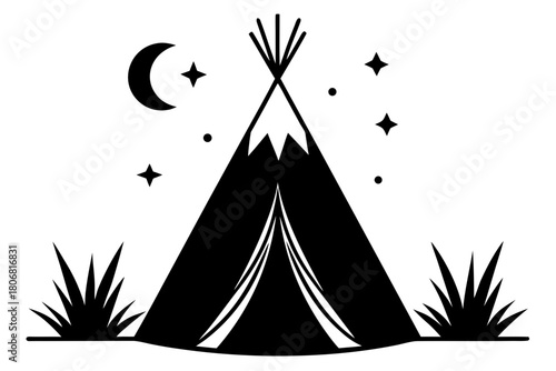 Camping tent icon silhouette vector, camping teepee  black symbol
