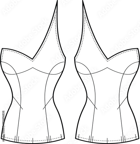Asymmetrical bodice fashion sketch, technical garment drawing, stylized neckline, princess seams, tailored fit, sewing pattern, apparel design, vector template