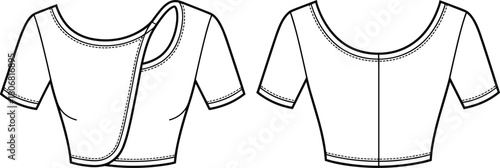 Asymmetrical cropped top sketch, technical garment drawing, scoop neckline, curved seam detail, sewing pattern, apparel design, vector template