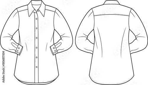 Button-up shirt fashion sketch, technical garment drawing, pointed collar, cuff details, back yoke, sewing pattern, apparel design, vector template