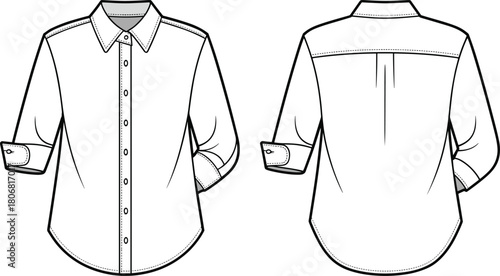 Button-up shirt fashion sketch, technical garment drawing, classic collar, rolled sleeves, back yoke, sewing pattern, apparel design, vector template
