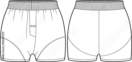 Boxer briefs fashion sketch, technical garment drawing, elastic waistband, fly opening, contour seams, sewing pattern, apparel design, vector template