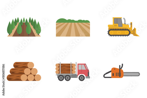 Deforestation and logging icons, forest stand, ploughed field, bulldozer machine, stacked logs, timber truck, chainsaw tool, industry