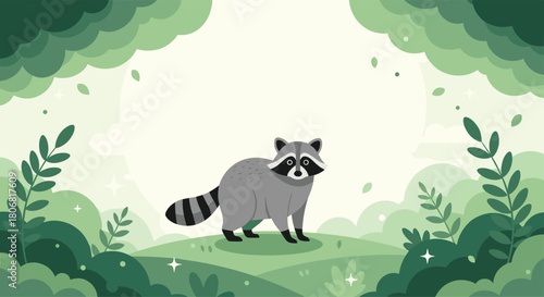 A cute cartoon raccoon standing in a lush green forest clearing surrounded by bushes leaves and sparkling lights design.