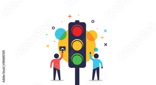 Modern flat design concept of traffic light management with two characters interacting with a large semaphore illustration.