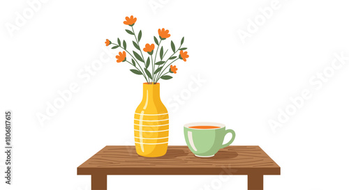 Cozy still life scene with a yellow vase of orange flowers and a green cup of tea sitting on a wooden table.