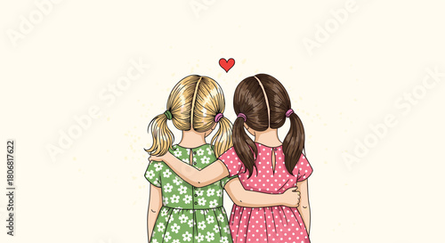 A heartwarming illustration of two young girls who are best friends hugging from behind with a small red heart above them.