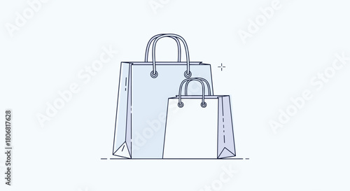 Minimalist line art illustration of two different sized paper shopping bags with handles on a light blue background.