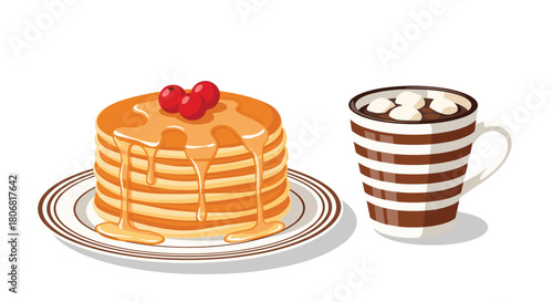 Delicious breakfast illustration of a tall stack of pancakes with syrup and cherries next to a mug of hot chocolate.