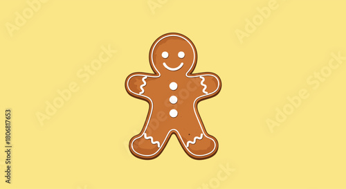 A classic smiling gingerbread man cookie decorated with white icing on a plain light yellow background vector illustration.
