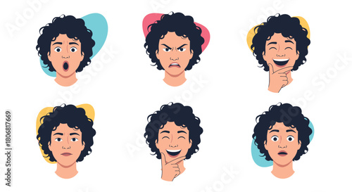 Set of a young man with curly dark hair showing six different facial expressions including surprise anger and happiness.