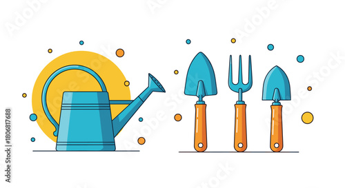 Blue watering can and a set of small gardening hand tools including a trowel and fork with wooden handles vector illustration.
