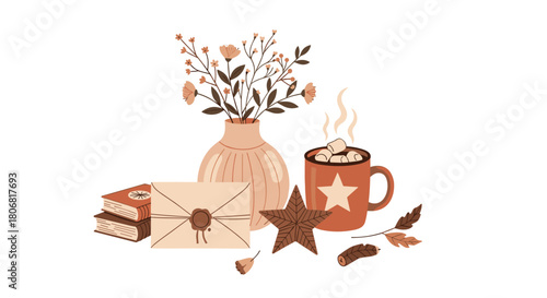 Cozy autumn flat lay illustration with hot chocolate books a sealed letter a vase of flowers and fall leaves on a white background.