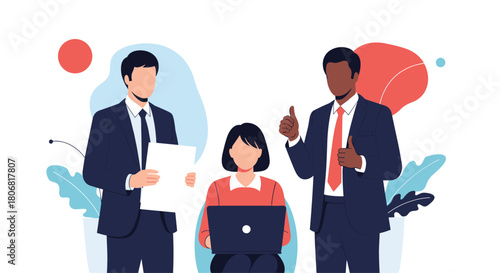 Diverse business team of three professionals with a woman on a laptop and two men providing support and collaboration.