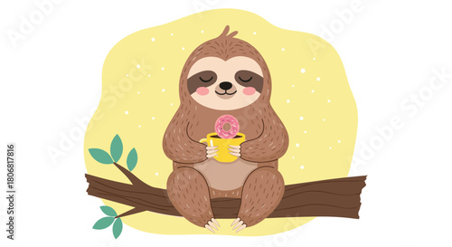 Adorable cartoon sloth sitting on a tree branch and holding a yellow mug with a pink donut on a soft yellow background.