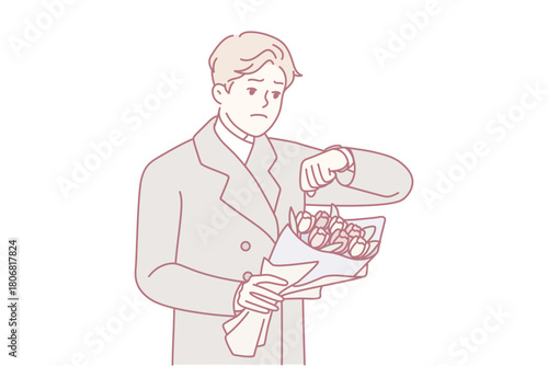 Upset young man holding flowers look at clock waiting for female date. Unhappy stressed male with bouquet check time before meeting with lover. Vector illustration.