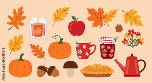 Large collection of cute autumn-themed elements including pumpkins leaves pie apples and a hot drink on a beige background.