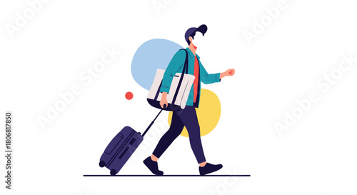 Modern flat design illustration of a faceless young man in a cap walking with a suitcase and a tote bag for travel.