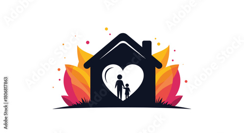 Caring home and family logo concept featuring a house silhouette with a heart shape enclosing a parent and child inside.