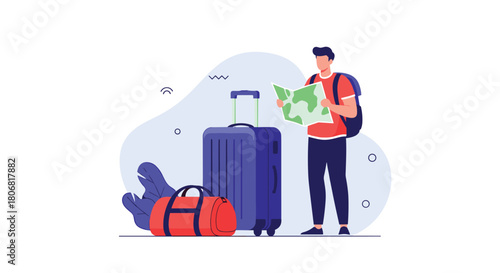 Young male tourist with a backpack and suitcase standing and looking at a map to plan his travel route or destination.