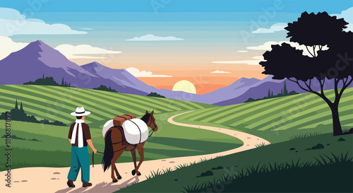 Beautiful rural landscape at sunset with a farmer in a traditional hat leading a mule along a path through green fields.