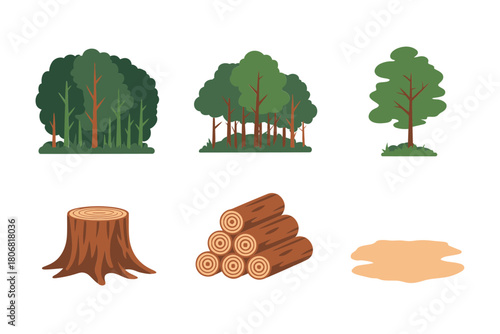Mixed forest icons, varied tree canopies, stump base, round wood slice, stacked timber, conservation theme, editable vector