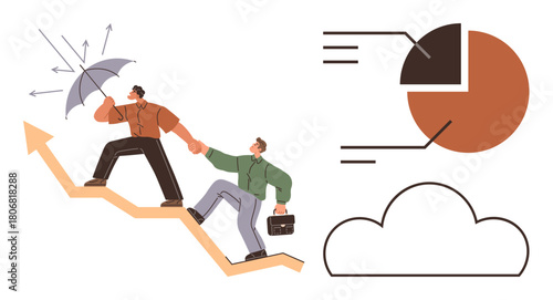 Two individuals climbing an upward graph, holding an umbrella, united for progress amidst challenges. Nearby pie chart and cloud symbolize data insights and strategic planning. Ideal for teamwork