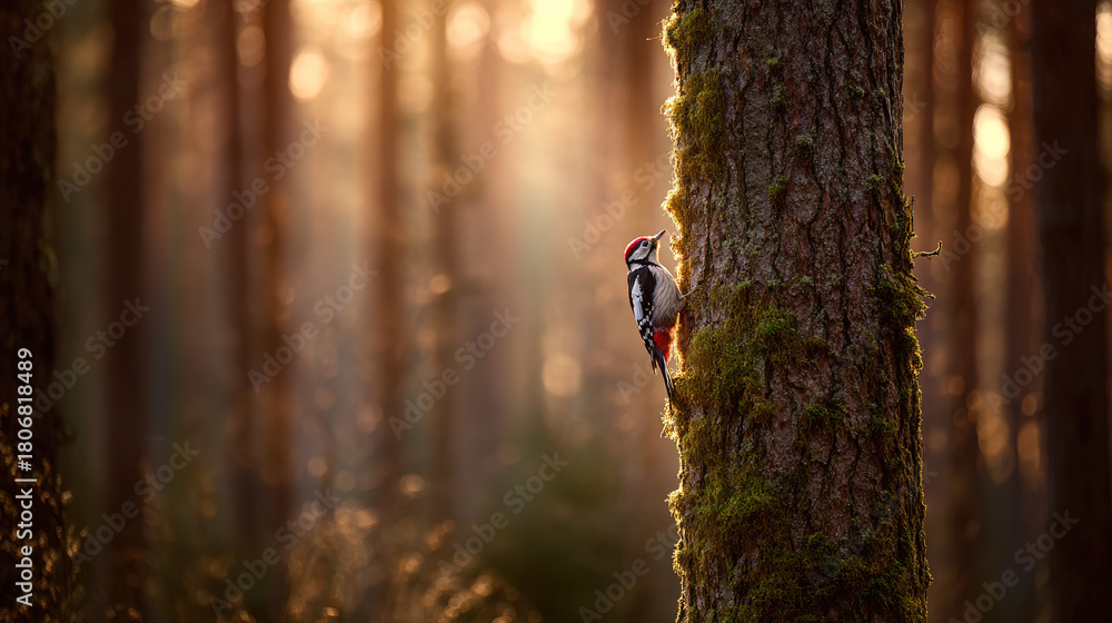 Fototapeta premium woodpecker. Woodpecker perched on tree trunk captured mid-peck in morning forest light. wildlife magazines, conservation campaigns, designed for eco-tourism storytelling.