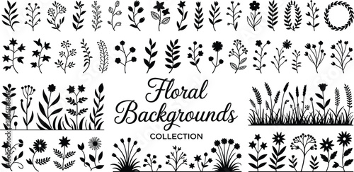 Floral silhouette vector set, botanical background collection, black flower icons, nature design elements, decorative foliage, plant illustration pack