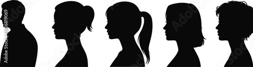 Human head profile silhouettes vector set, man and woman side view avatars with various hairstyles, anonymous face icons